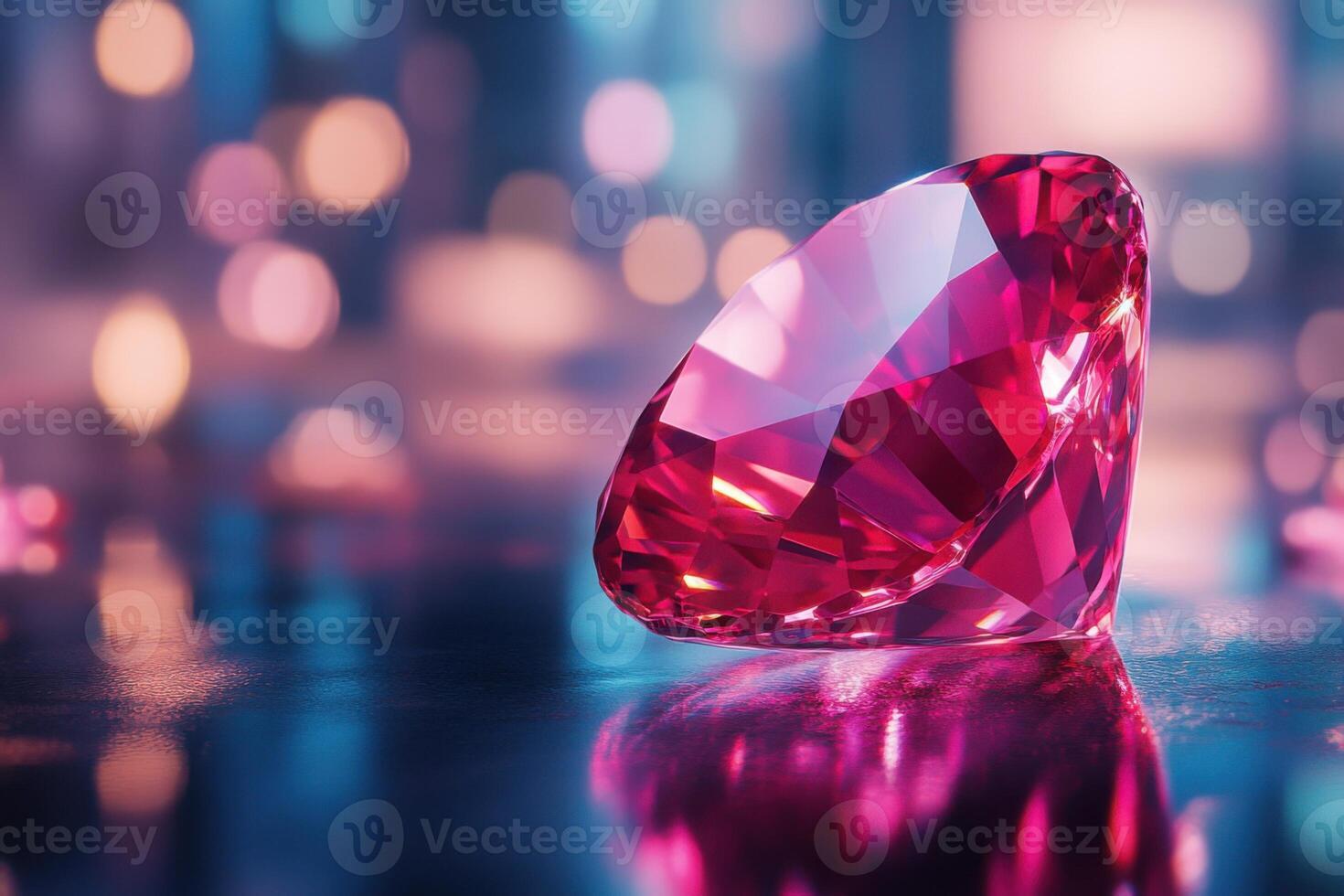 Sparkling red gem. Faceted ruby on dark surface. Gemstone reflects vibrant lights. Luxury jewel shines. Precious stone on smooth table. Bokeh background of soft glow. photo