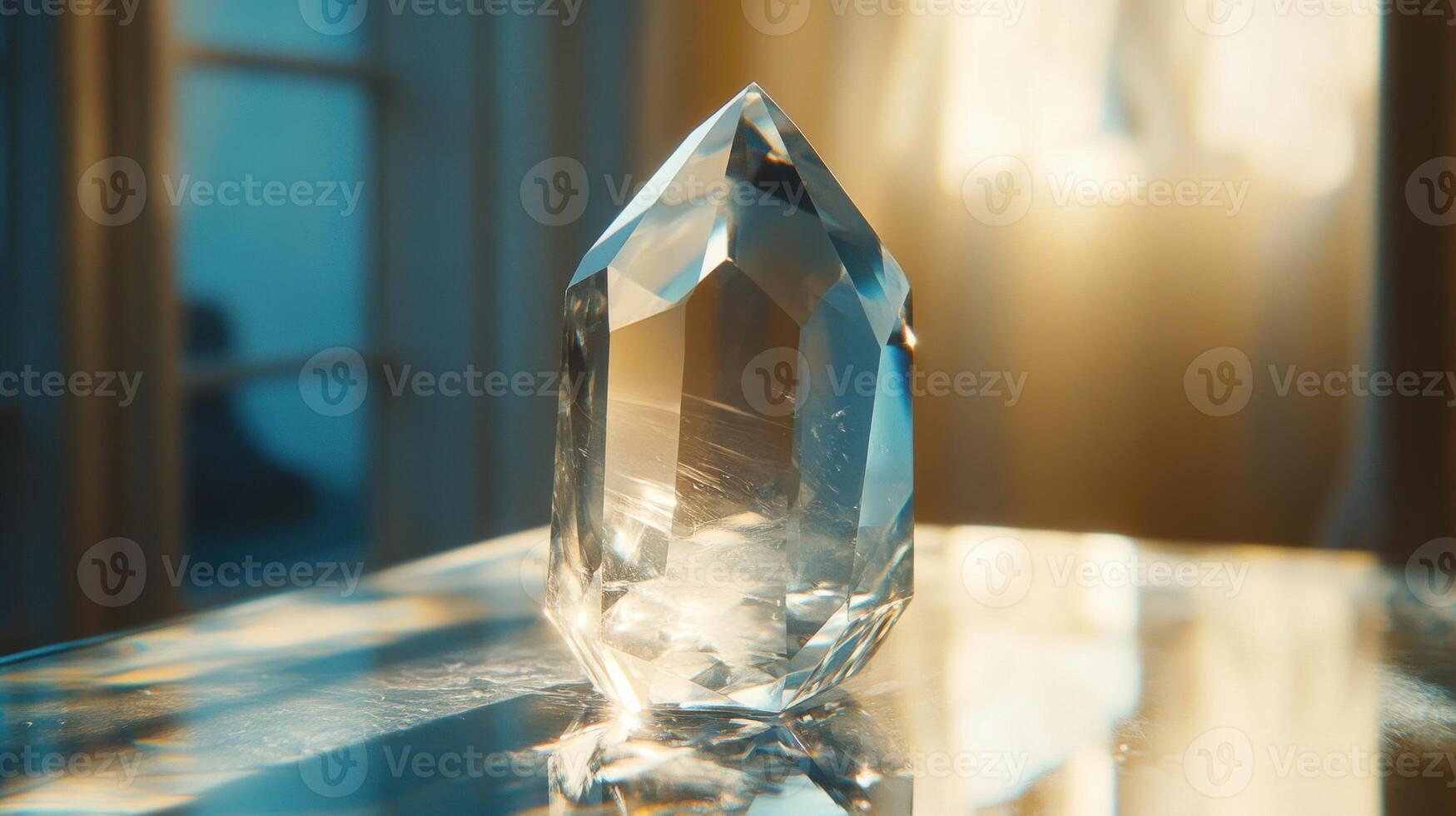 Large clear crystal point sits on a mirrored surface. Sunlight shines through the crystal in a brightly lit room. Simple background. photo