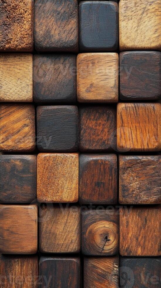 Arrangement of small brown wooden cubes shows textured wood surface. Dark blocks form repeating square pattern. Close up of solid wood background. photo