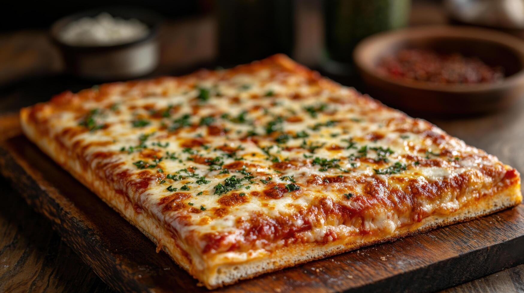 Square pizza with cheese and tomato sauce sits on wood board. Fresh parsley on top. Rustic food background with ingredients in bowls. photo