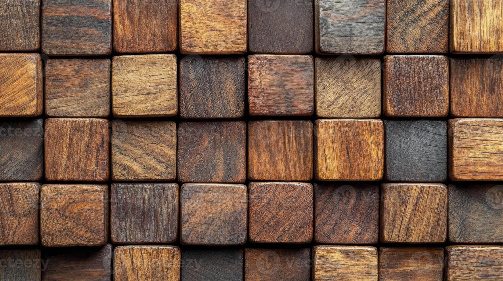 Many brown wooden cubes create a textured surface. Small blocks with wood grain patterns arranged closely together. Background of square pieces showing natural material. photo