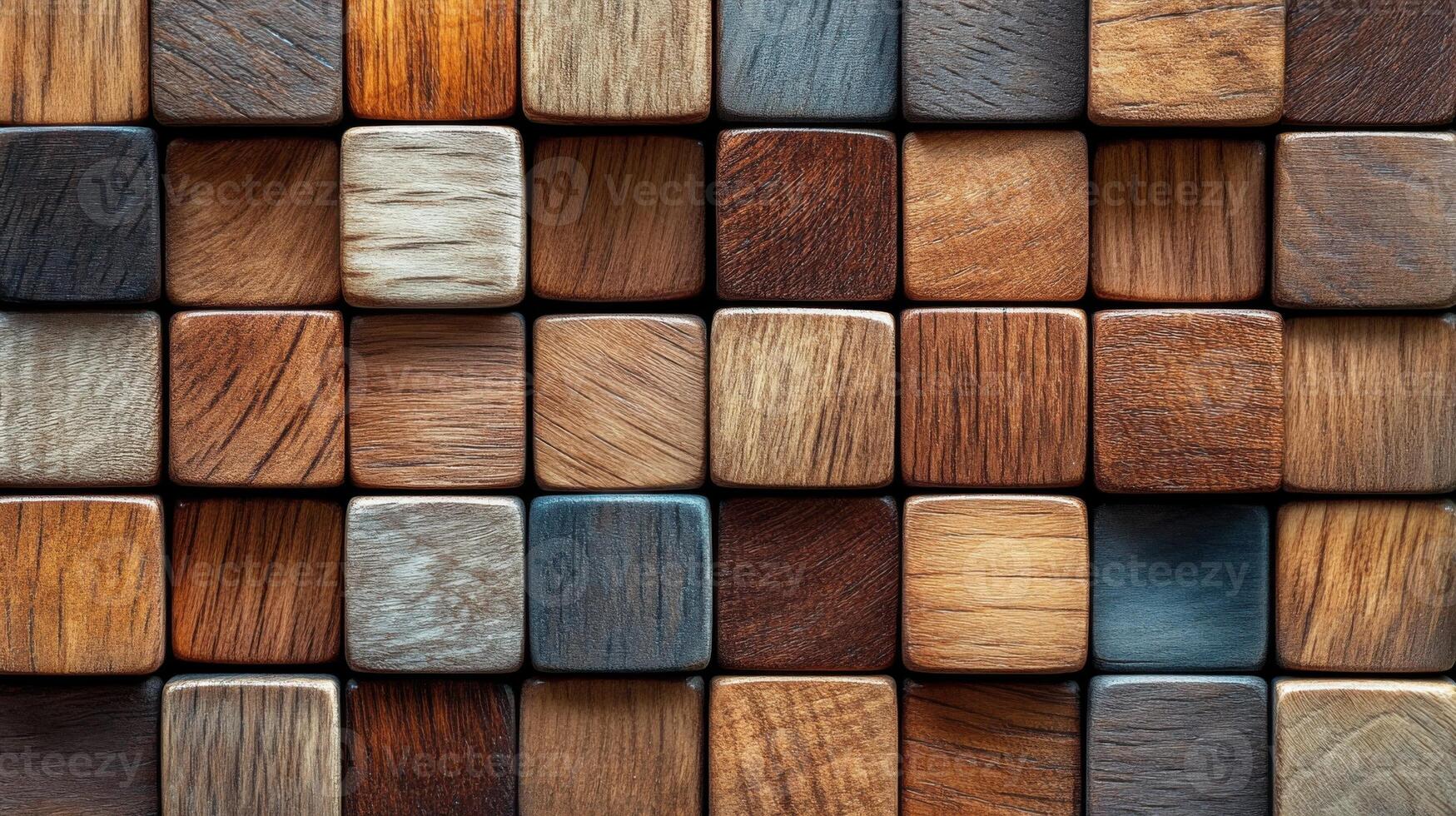 Close up of many wooden cubes. Each block has its own unique wood grain. Wooden texture background pattern. Decorative wall design. photo