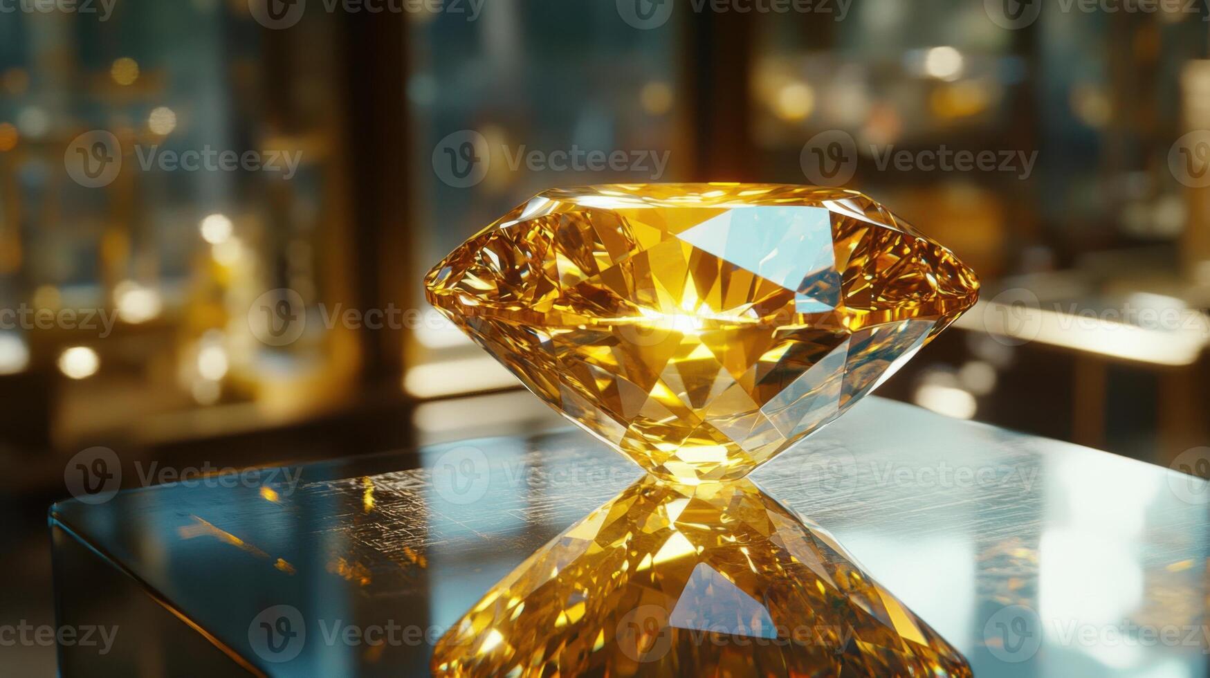 Large yellow diamond resting on shiny metallic block reflecting bright light with blurred gold background in elegant setting. photo