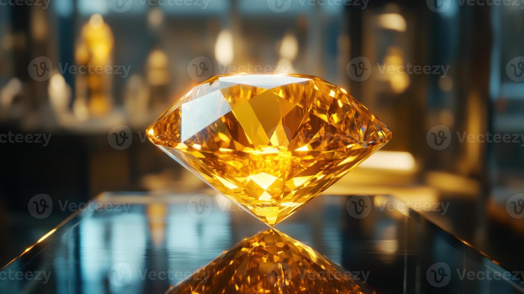 Large yellow gem rests on reflective surface. Interior setting with blurred background. Jewel presents sharp facets and shines in the light. photo