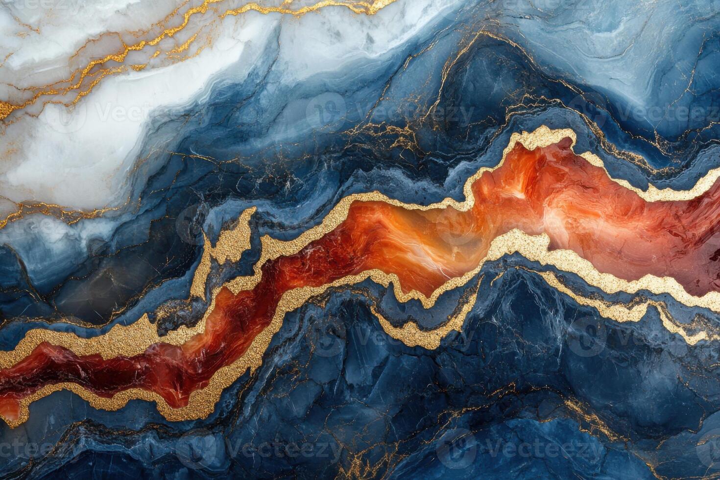 Abstract flowing pattern with blue shades and orange center. Golden glitter outlines the design, creating a luxurious texture background. photo