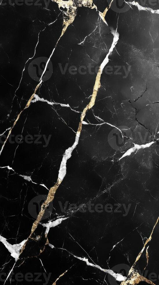 Dark stone texture. Black surface with white and golden veins. Luxury marble background. Elegant rock pattern. Stone material close up. Mineral detail photo
