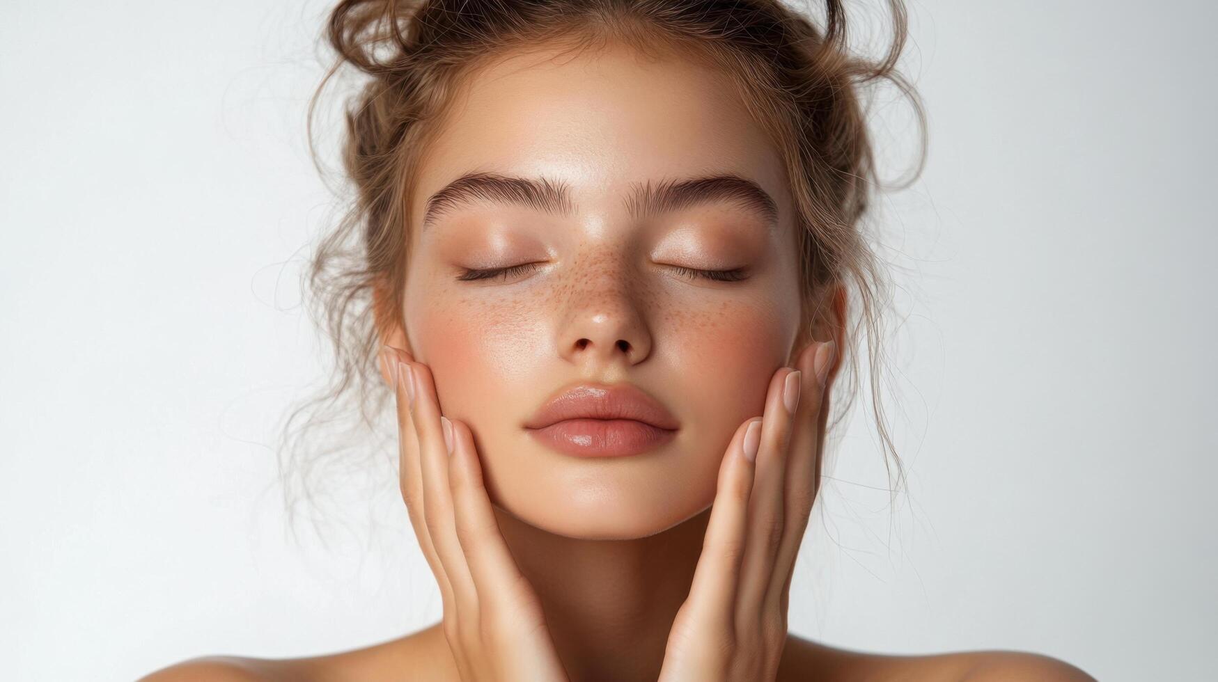 Woman with freckles. Beauty shot with closed eyes. Gentle hands touch face. Calm expression. Smooth skin. Wellness and relaxation. Gray background. photo
