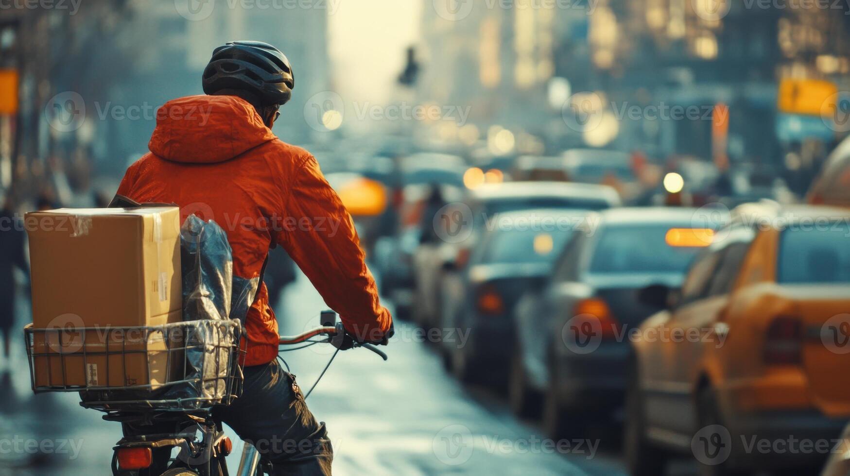 Courier riding bike on city street. Delivery worker carrying package in bicycle basket. Busy traffic in background. Bright orange jacket. photo