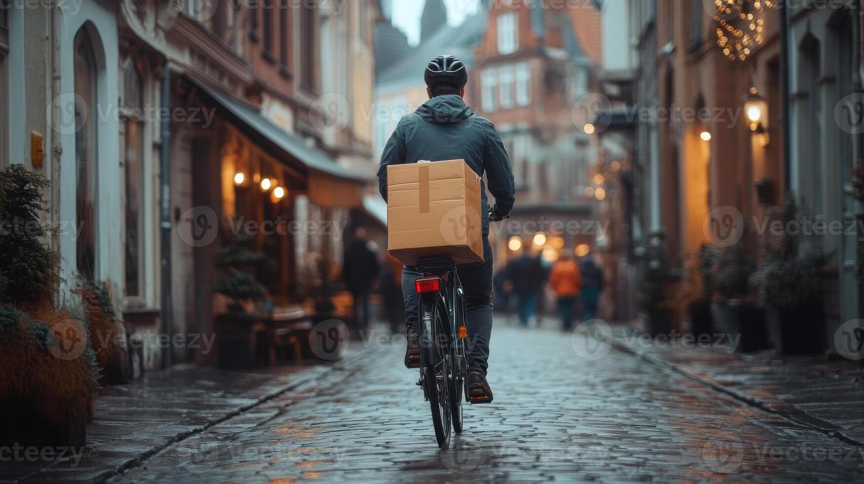 Person riding bicycle on wet cobblestone street. Box on back. Lights glow from buildings. Figures walk in background. Delivery concept. Cloudy weather. photo