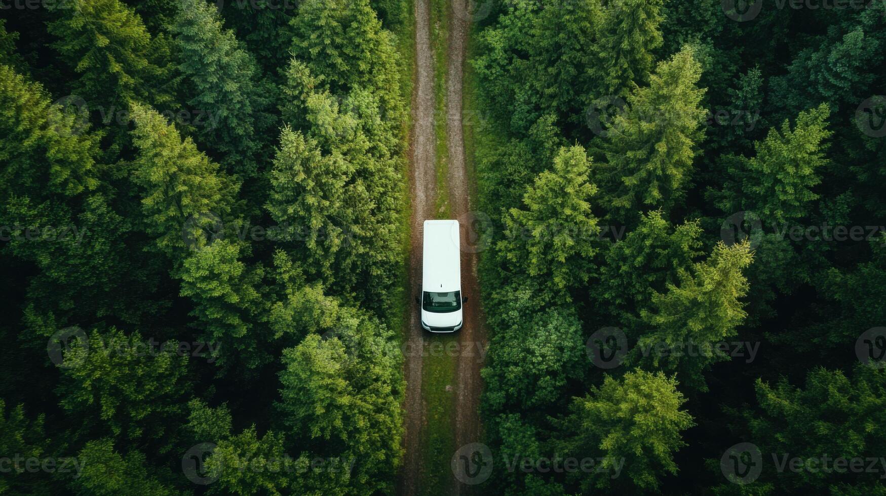 White van driving on a dirt road. Lush green trees line the road. Aerial view of vehicle in the forest. Woodland scene. photo