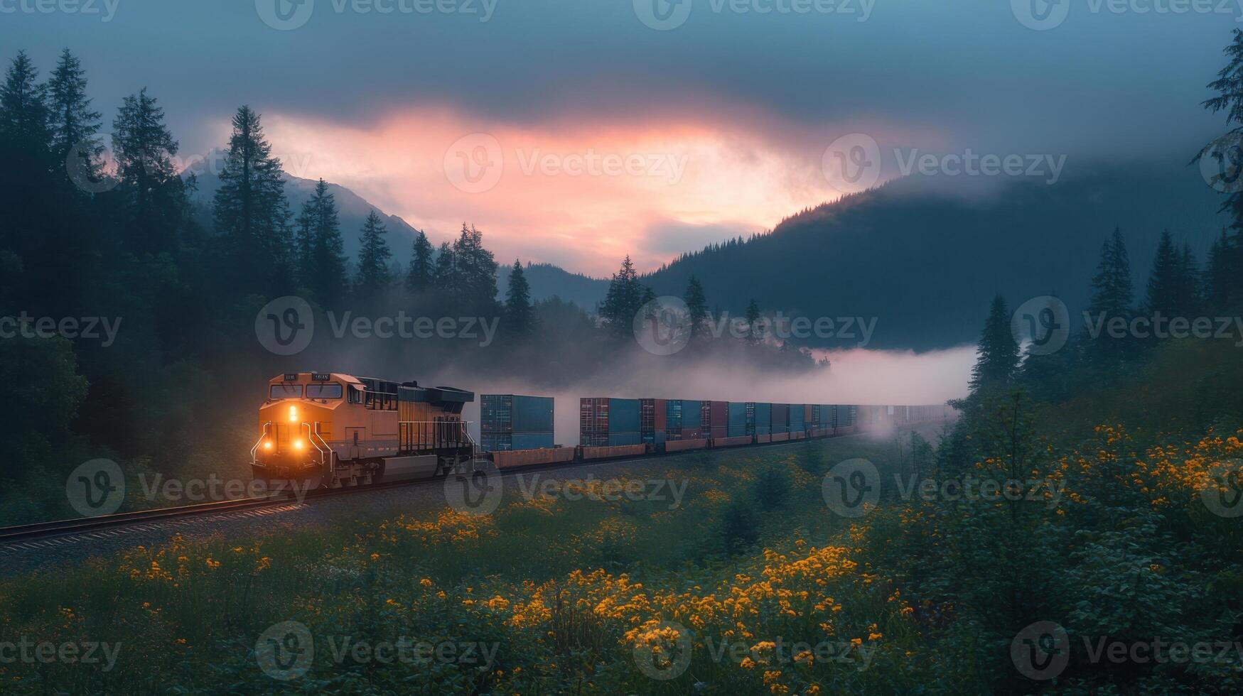 Freight train moves through foggy mountain valley. Evergreen trees line landscape near tracks. Yellow wildflowers grow near engine. Sky glows orange and pink at sunrise. photo