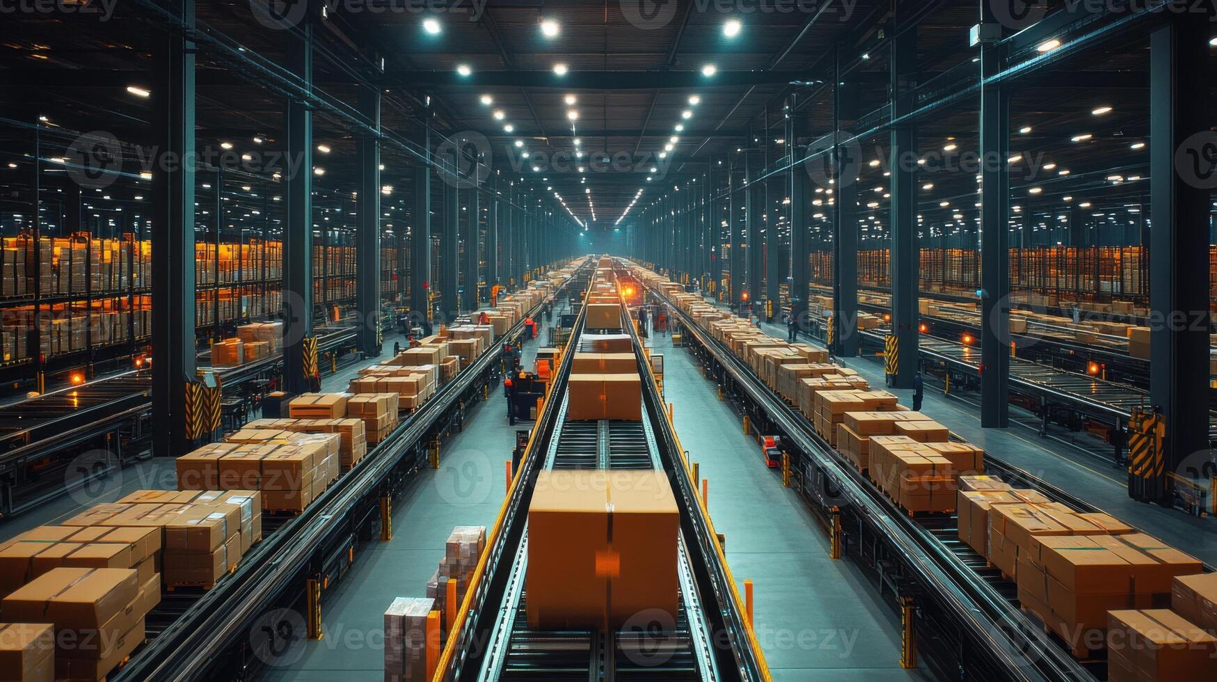 Large distribution warehouse. Cardboard boxes moving on conveyor belt. Racks of inventory in background. Lights illuminate the scene. Warehouse interior. photo