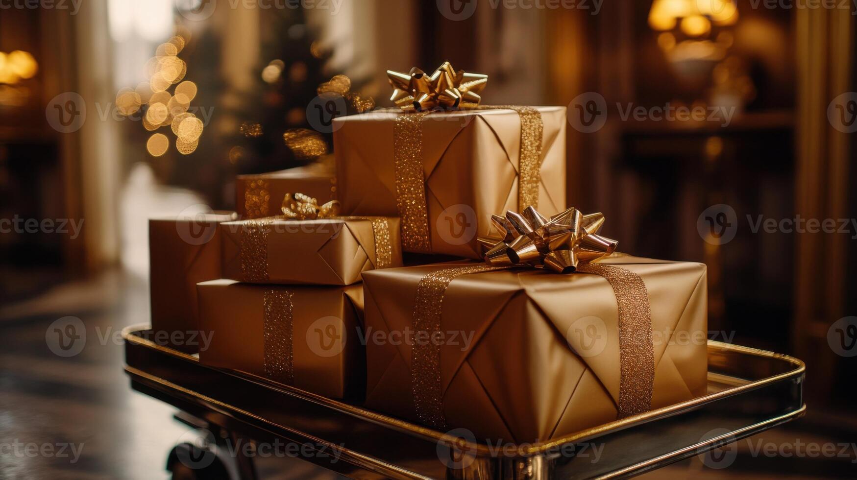 Gold wrapped presents stacked on a service cart. Presents have shiny ribbon and bows. The background shows a tree with warm light. photo