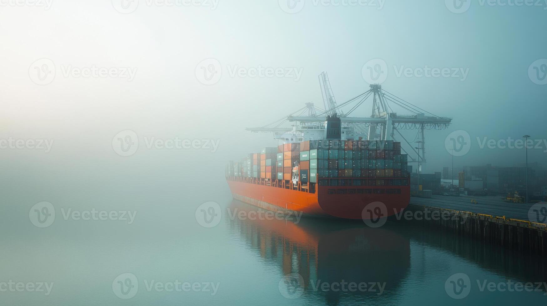 Large container ship docked in harbor with cranes on a foggy morning. Cargo vessel sits in the water next to a pier. Transportation. photo