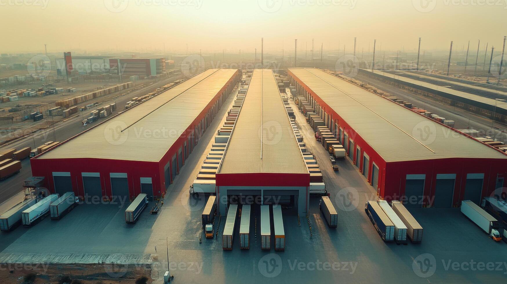 Aerial view of large distribution center with trucks. Delivery vehicles loading at warehouse docks. Industrial buildings on a sunny day. Logistics and transportation. photo