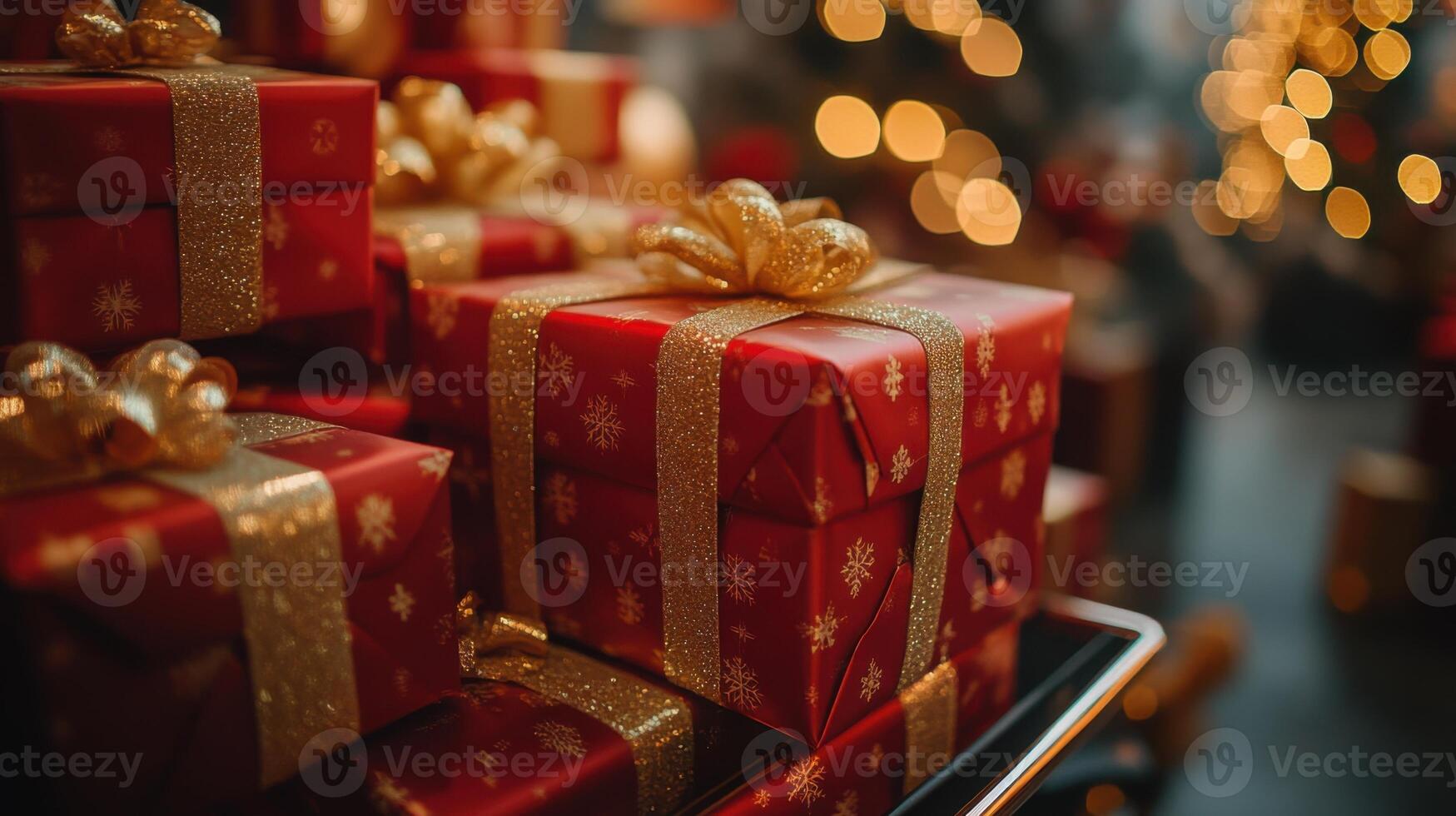 Festive presents stacked with gold ribbon. Red holiday gift boxes. Celebration with golden lights. Season gifts wrapped. Decorative celebration presents stacked. photo