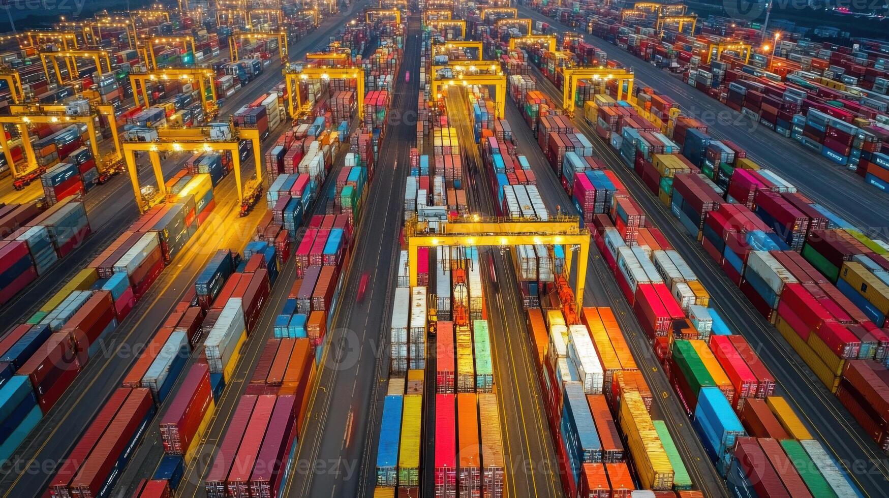Aerial view of a shipping port with many colorful cargo containers and cranes at night. Transport and export industry at a commercial dock. photo