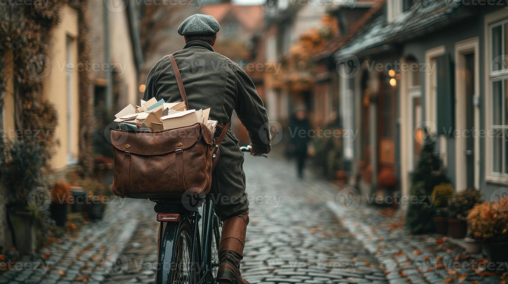 Riding bicycle on narrow street with cobblestone road. Brown leather bag filled with papers. Classic autumn atmosphere. Calm setting. photo