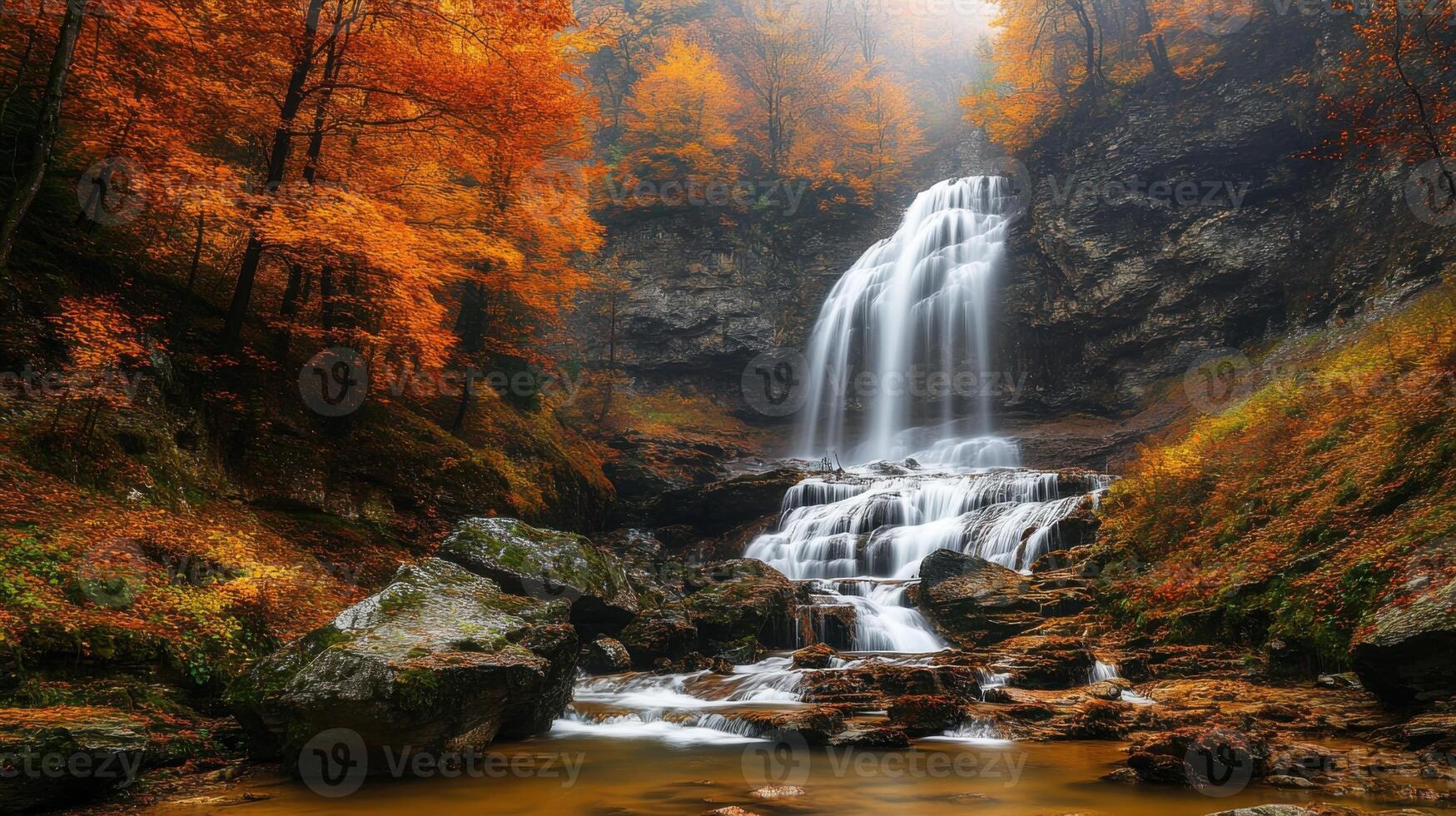 Waterfall cascades down rocks. Autumn leaves color the trees. Water flows into a stream. Mist hangs in the air. Peaceful nature scene. photo