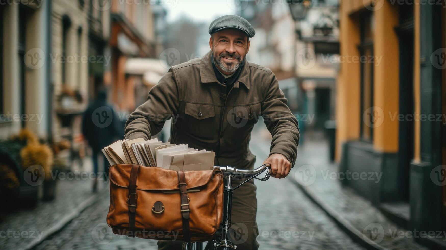 Man rides bicycle on cobblestone street. Brown leather bag full of envelopes. Building facades line pathway. Gray cap and jacket. Smiling expression. photo
