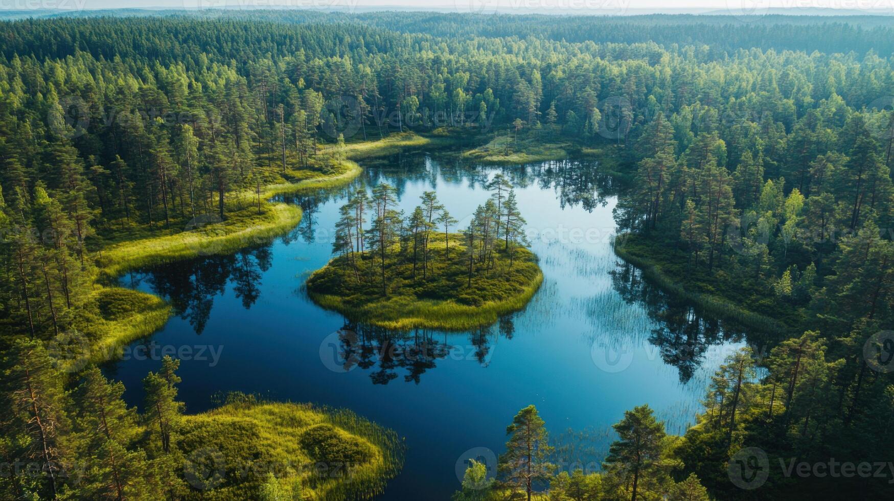 Aerial view of a dark blue lake with a small island surrounded by green forest. Trees reflect in the clear water. Beautiful nature scenery. photo