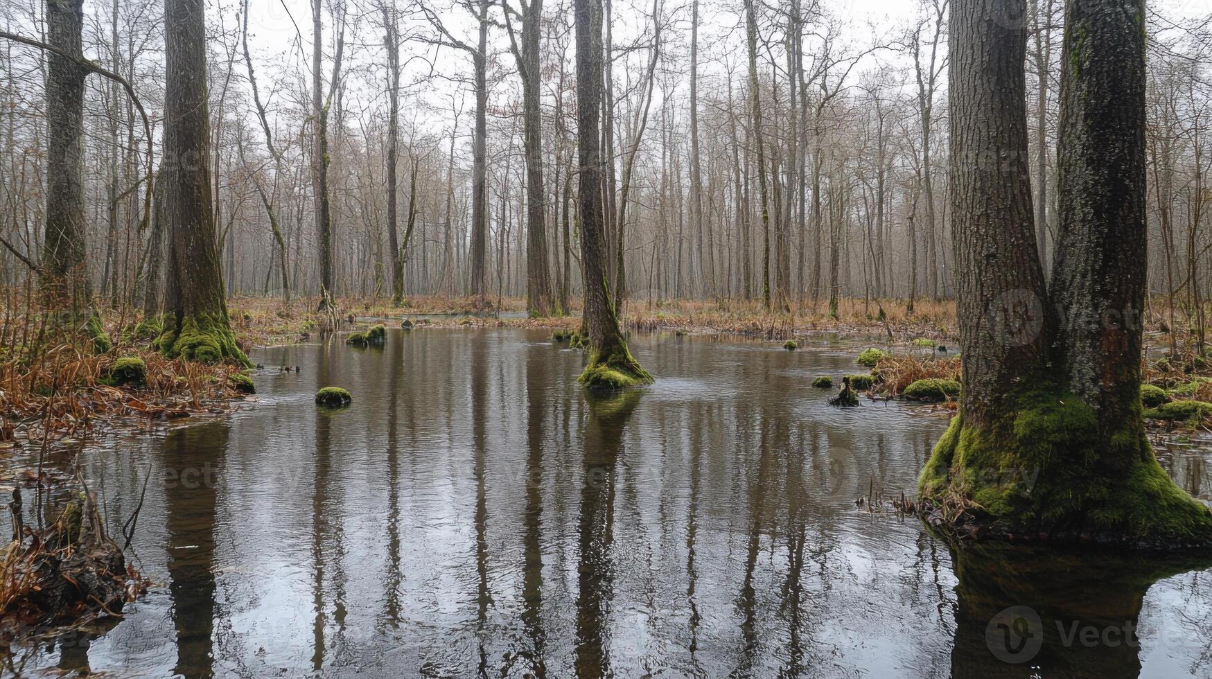 Swamp landscape with tall trees and moss near calm water reflecting the forest in spring with bare branches on overcast sky. photo