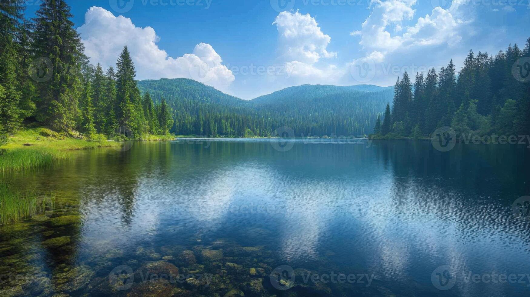 Still lake reflects green trees and blue sky. Clear water shows stones at the bottom. Forested hills in the distance under white clouds. photo