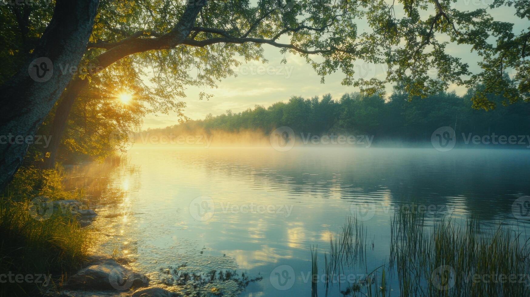 Lake view at dawn. Sunrise light through tree branch. Mist over the calm water. Forest visible in background. Peaceful nature scene. Reflections on the lake surface. photo