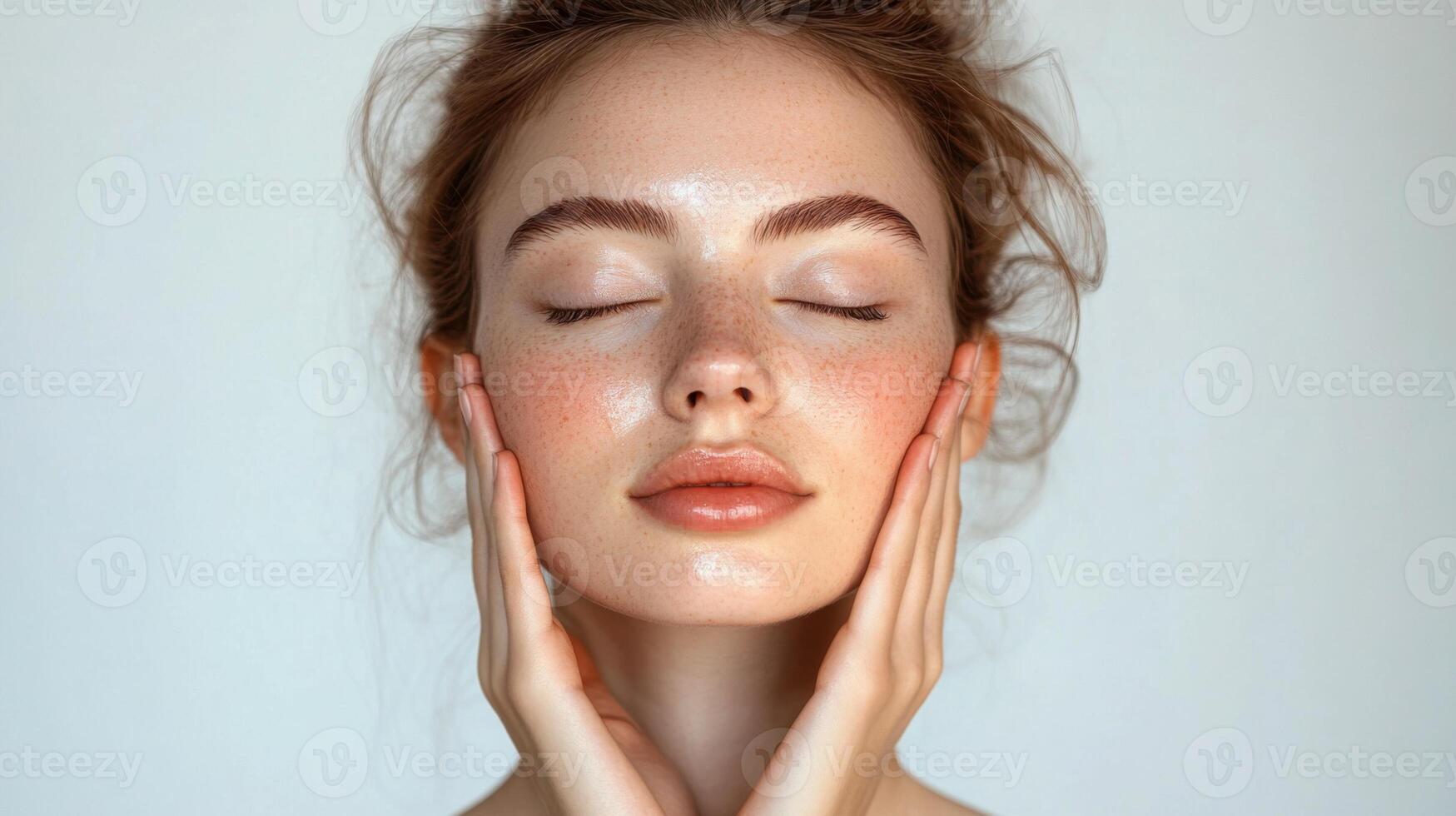 Woman with freckles touches face gently with eyes closed. Smooth skin portrait against soft white background in studio light. photo