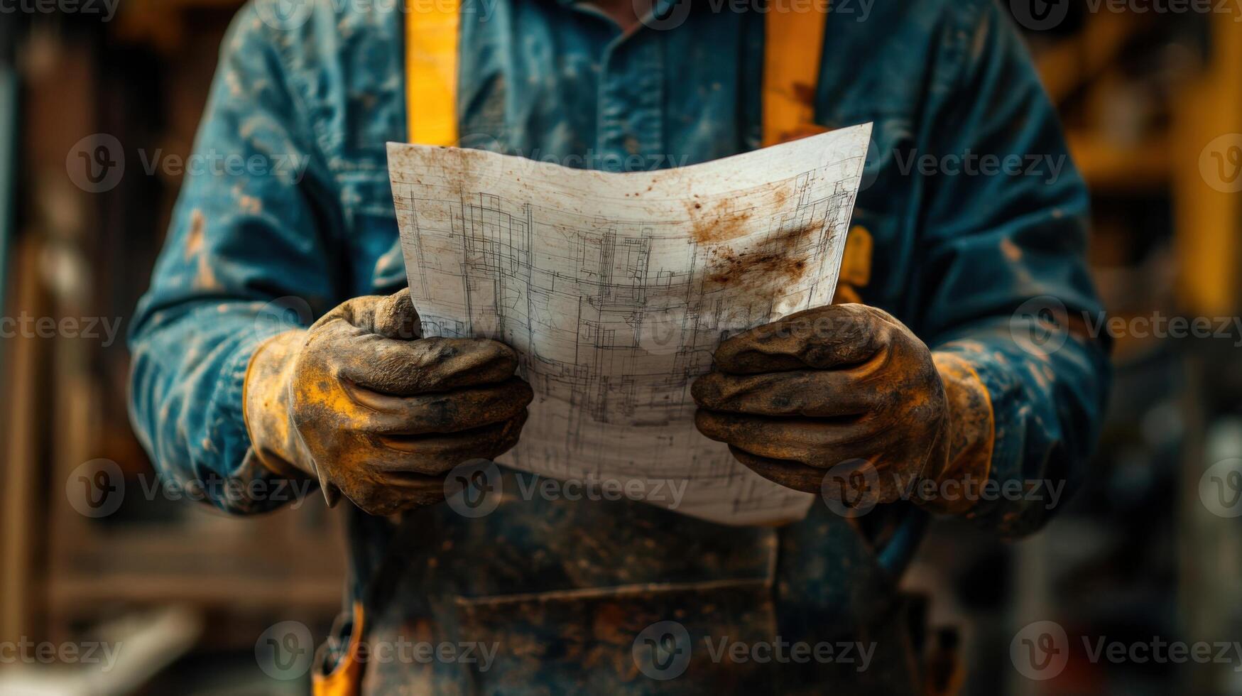 Worker holds dirty blueprint. Hands in gloves hold paper with construction plan. Blue uniform covered with dirt. Construction details concept. photo