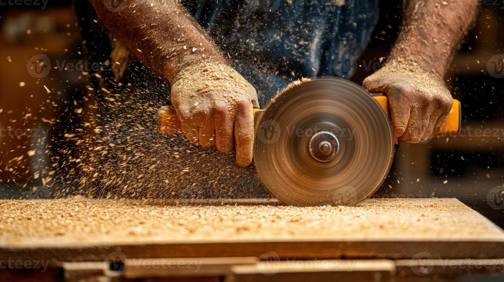Carpenter using power saw cutting wooden board in workshop with sawdust flying around. Close up of man hands and circular saw. photo