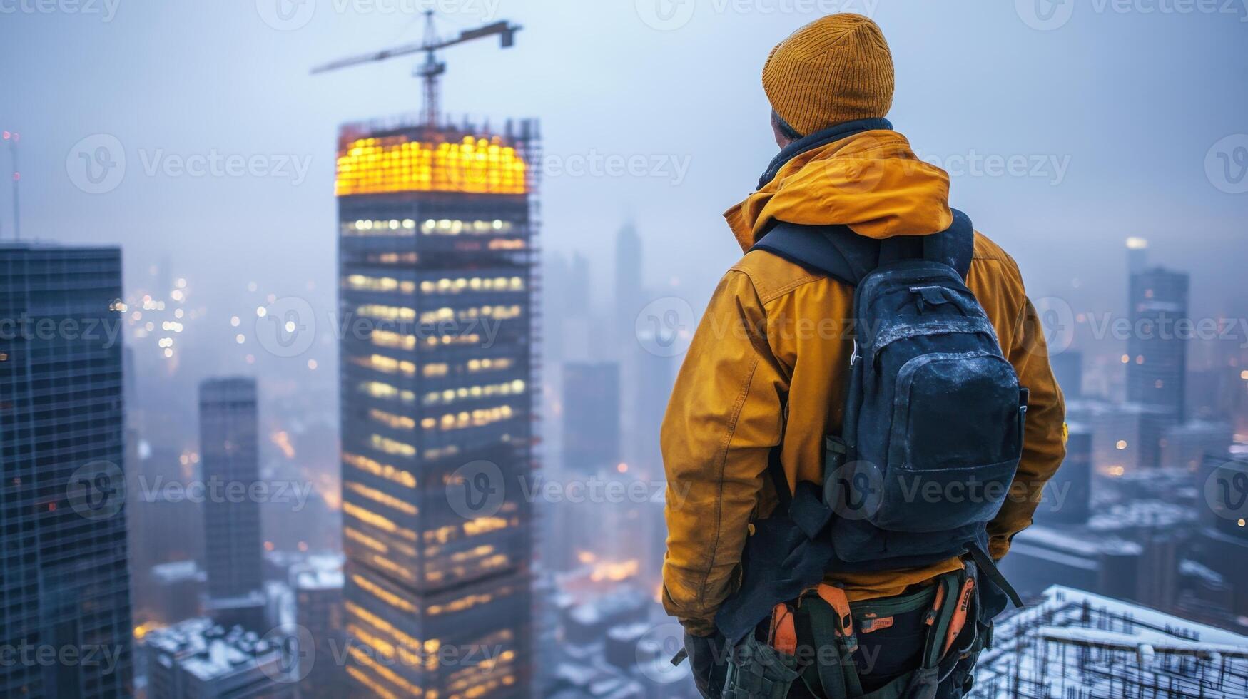 Person with backpack stands on rooftop looking at city skyline. Tall buildings with lights in cold misty weather. Urban exploration and travel adventure concept. photo