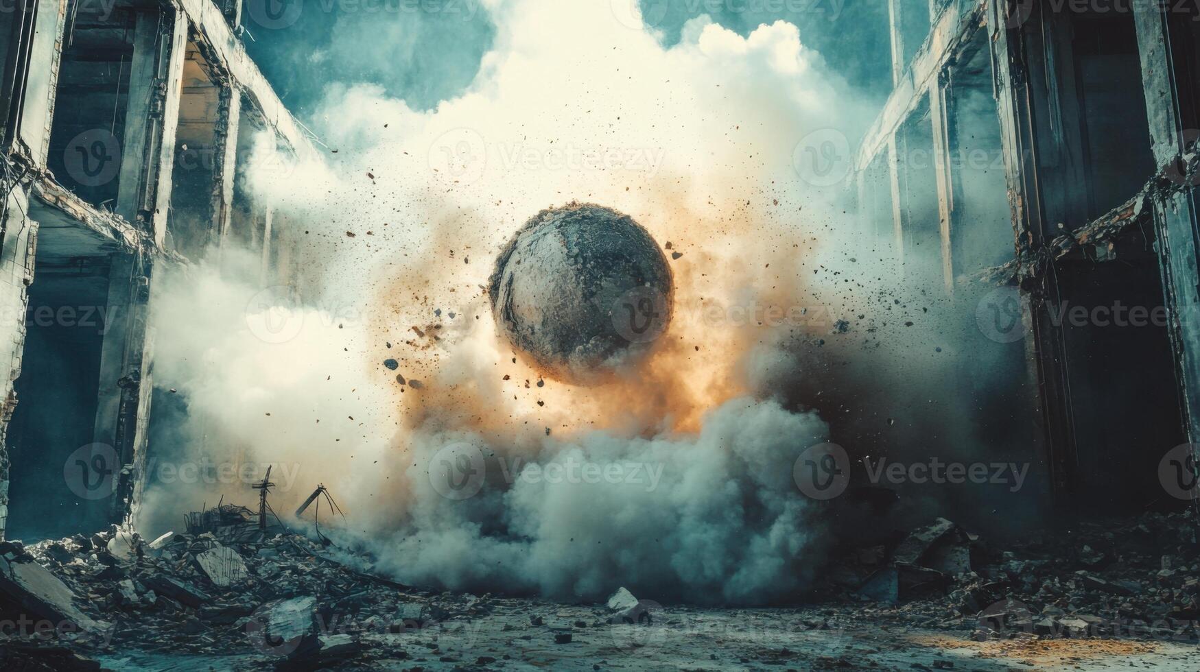 Concrete sphere bursts amid building ruins with dust and smoke. Debris surrounds the scene in an outdoor desolate location after a large explosion. photo