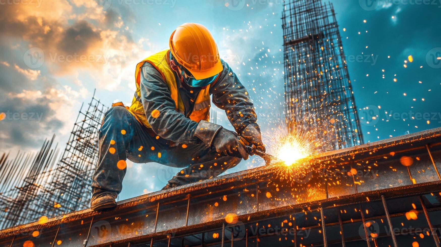 Construction worker welding steel beams high above ground. Bright sparks fly on building site with clouds and unfinished skyscraper background. photo