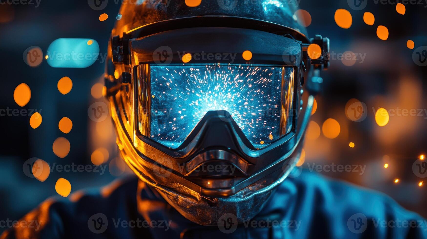 Welder wearing safety mask with bright welding sparks reflecting off mask in a dark factory setting with bokeh lights. photo