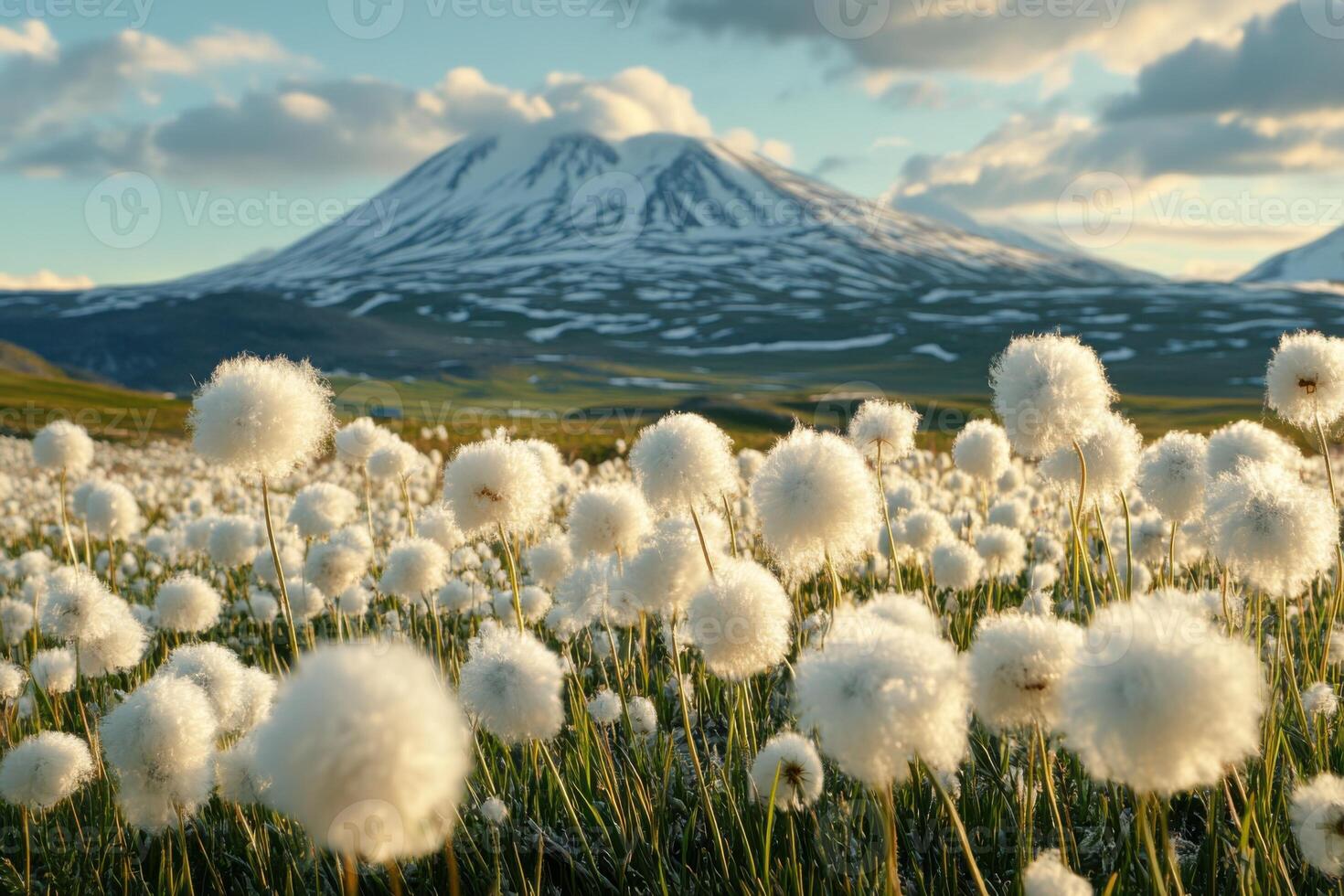 Field of white flowers with snowy mountain in the distance. Green grass and blue sky with soft white clouds. Peaceful rural scene. photo