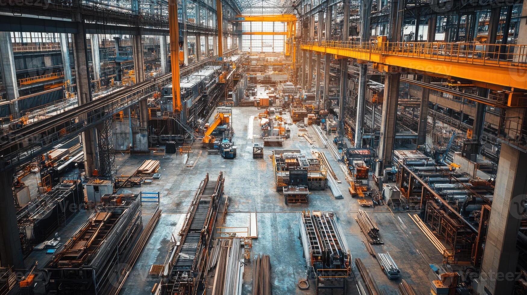 Large industrial building interior. Steel structures and cranes. Production area with equipment. Factory warehouse with beams and metal materials. Heavy industry engineering. photo