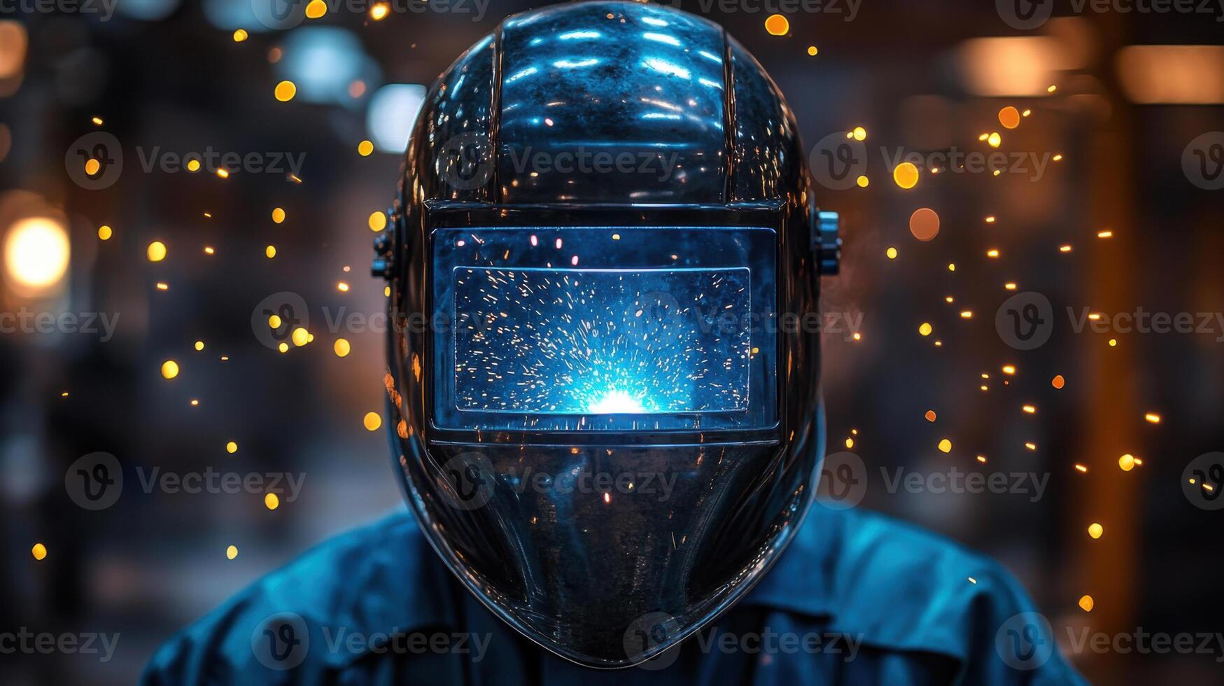 Welding helmet close up with bright sparks. Metal work creates warm orange light. Safety gear for industrial manufacturing in dark area. photo