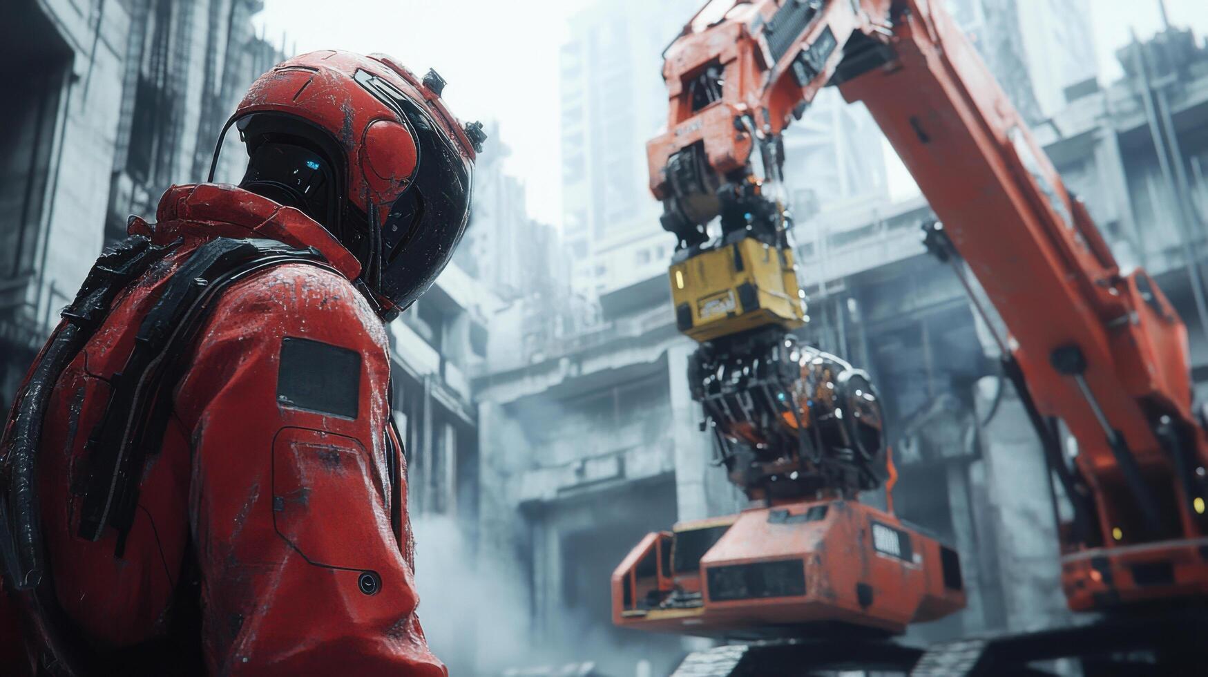 Red suited figure observes a mechanical arm excavating in a destroyed city. Buildings stand amidst rubble. Dystopian future construction in a war torn environment. photo