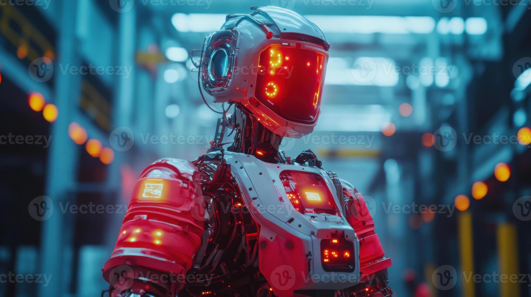 Shiny metallic robot stands upright. Red lights glow on face and chest. Futuristic design in a blue lighted factory setting. photo