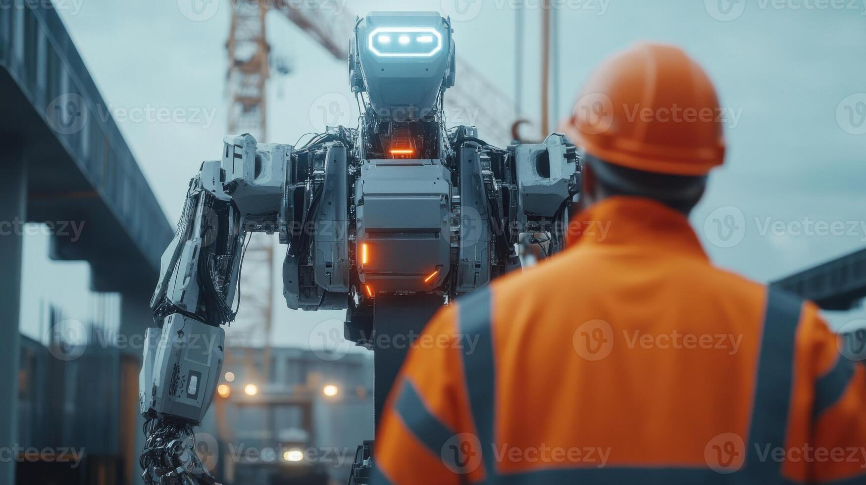 Robot looks at worker. Industrial setting shows construction. Bright orange safety gear stands out. Crane visible in background. Future with automation photo