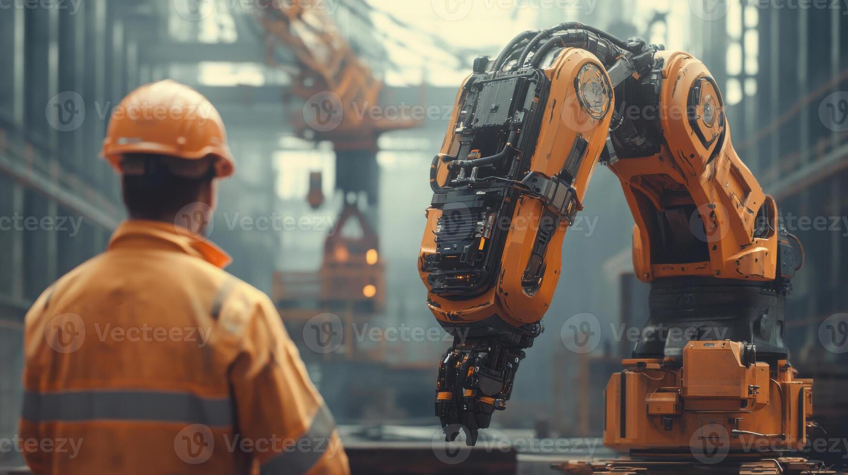 Worker oversees large robotic arm in factory. Orange robot arm lifts heavy material. Worker wears helmet in industrial warehouse during construction. Automated process in plant. photo