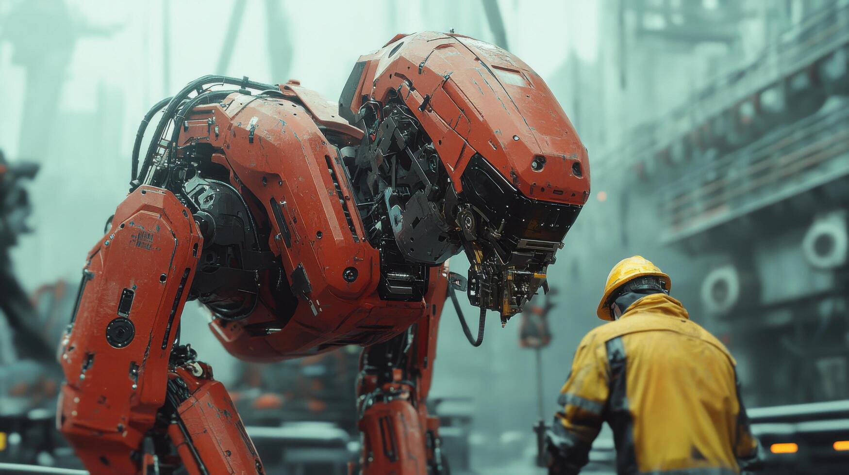 Red robot looking at worker. Worker in yellow jacket. Foggy outdoor industrial plant. Metal structures background. Engineering and technology concept. photo