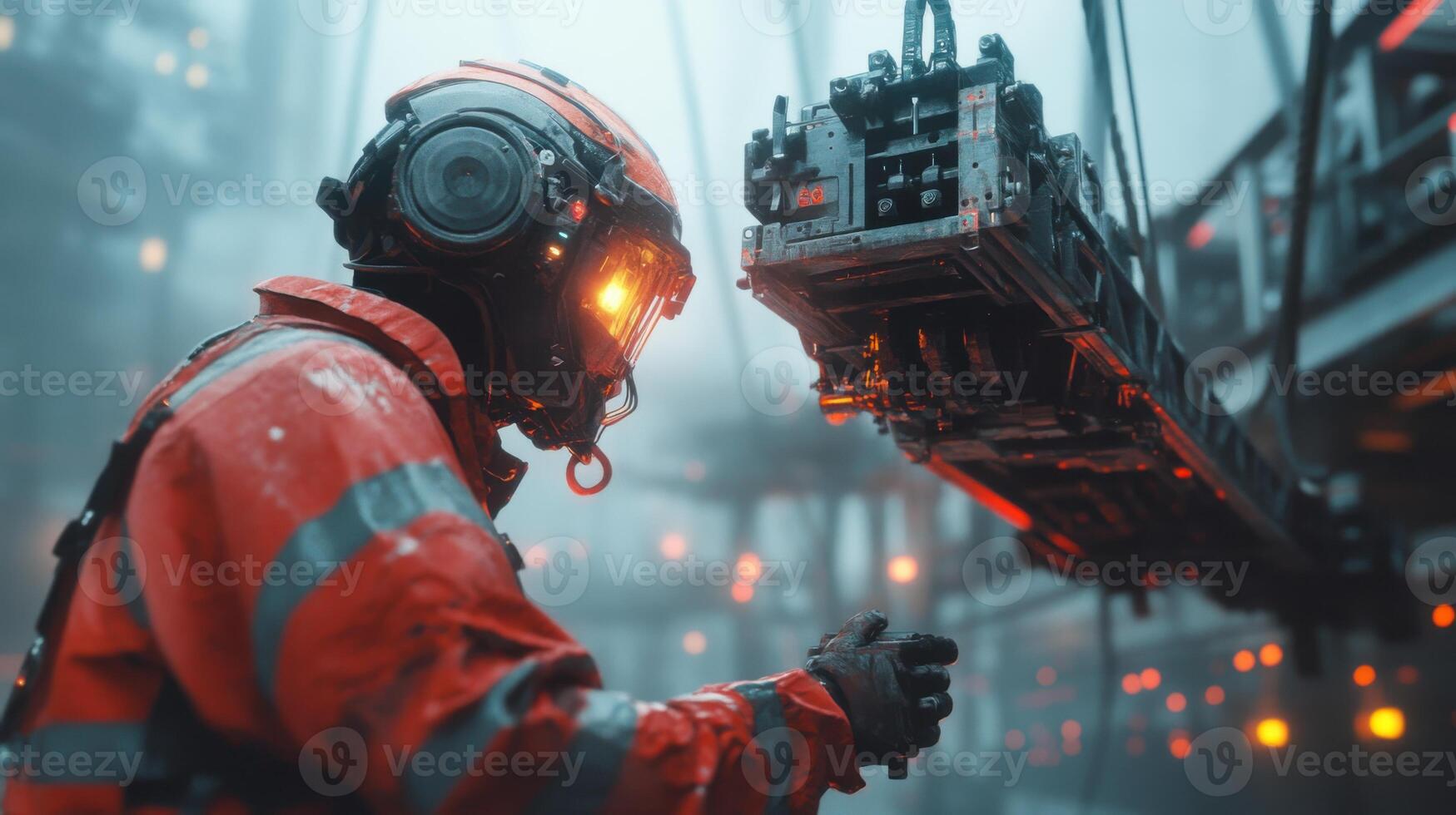 Worker in futuristic helmet directing machinery. Red uniform stands out against the industrial backdrop. Glowing lights illuminate a slightly foggy atmosphere. photo