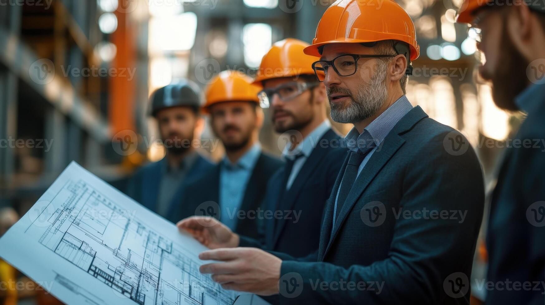 Team of engineers wearing hard hats examines blueprint at construction site. Men discuss project details inside a factory. Industrial workers review plan. photo