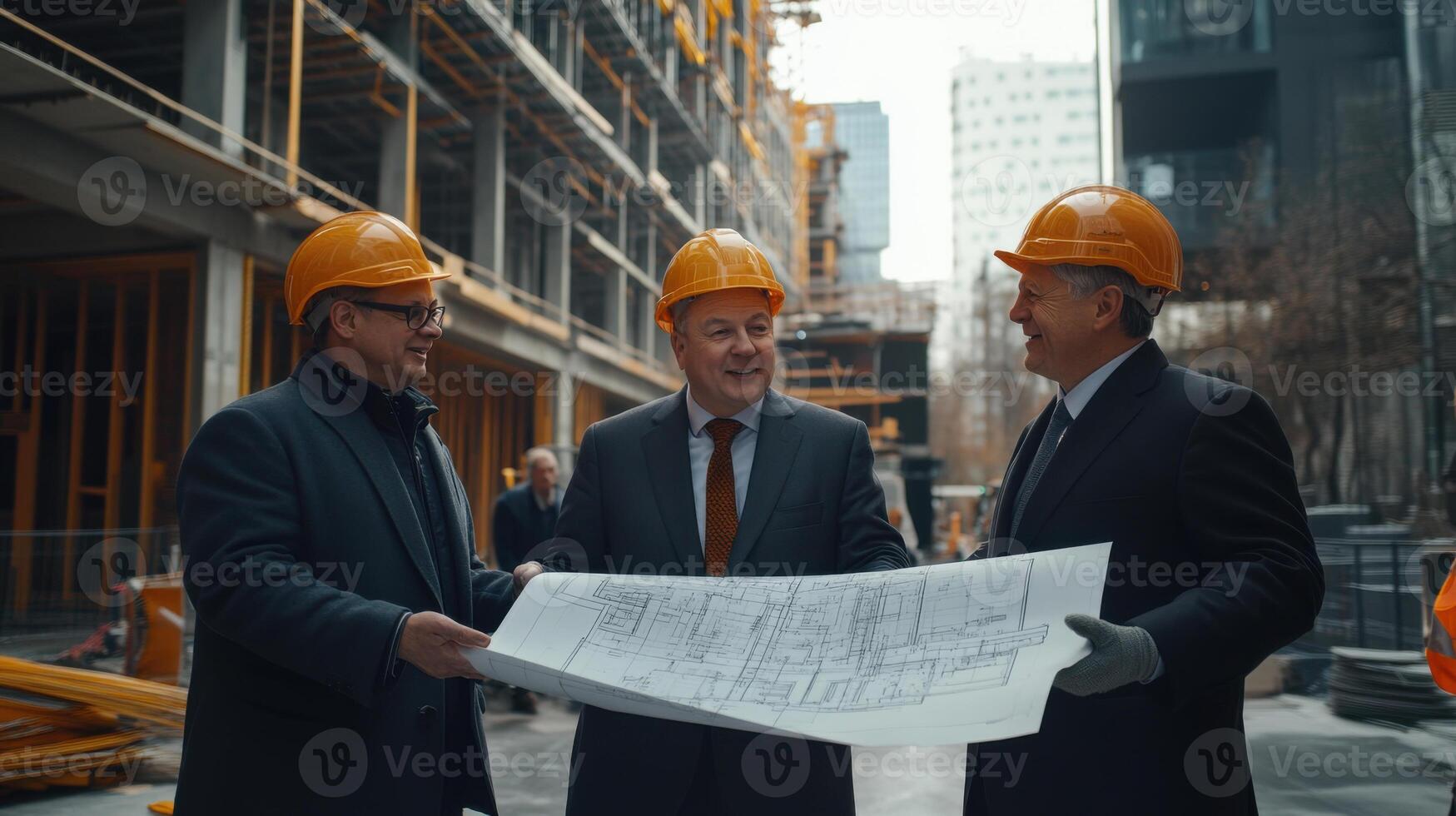 Construction project managers review blueprint. Three workers wearing helmets talk about plans at construction site. Building under construction in city with urban office buildings. photo