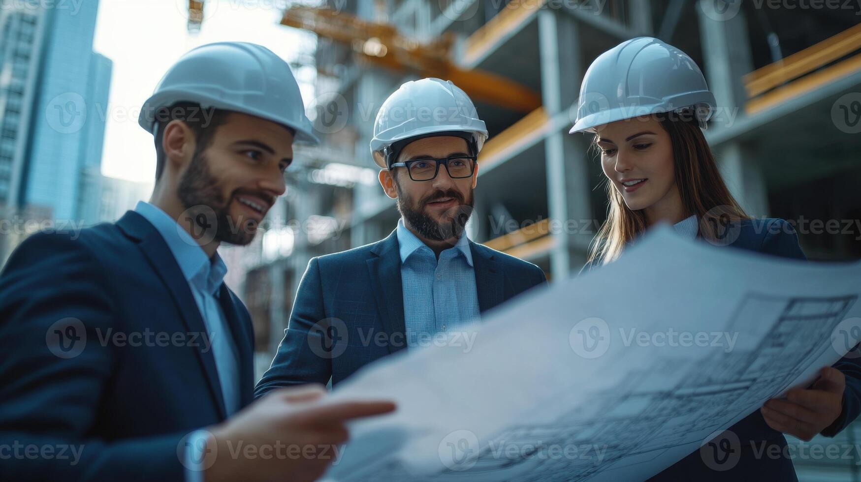 Three engineers in white helmets review blueprint plans on a construction site with new building in the background during daytime photo