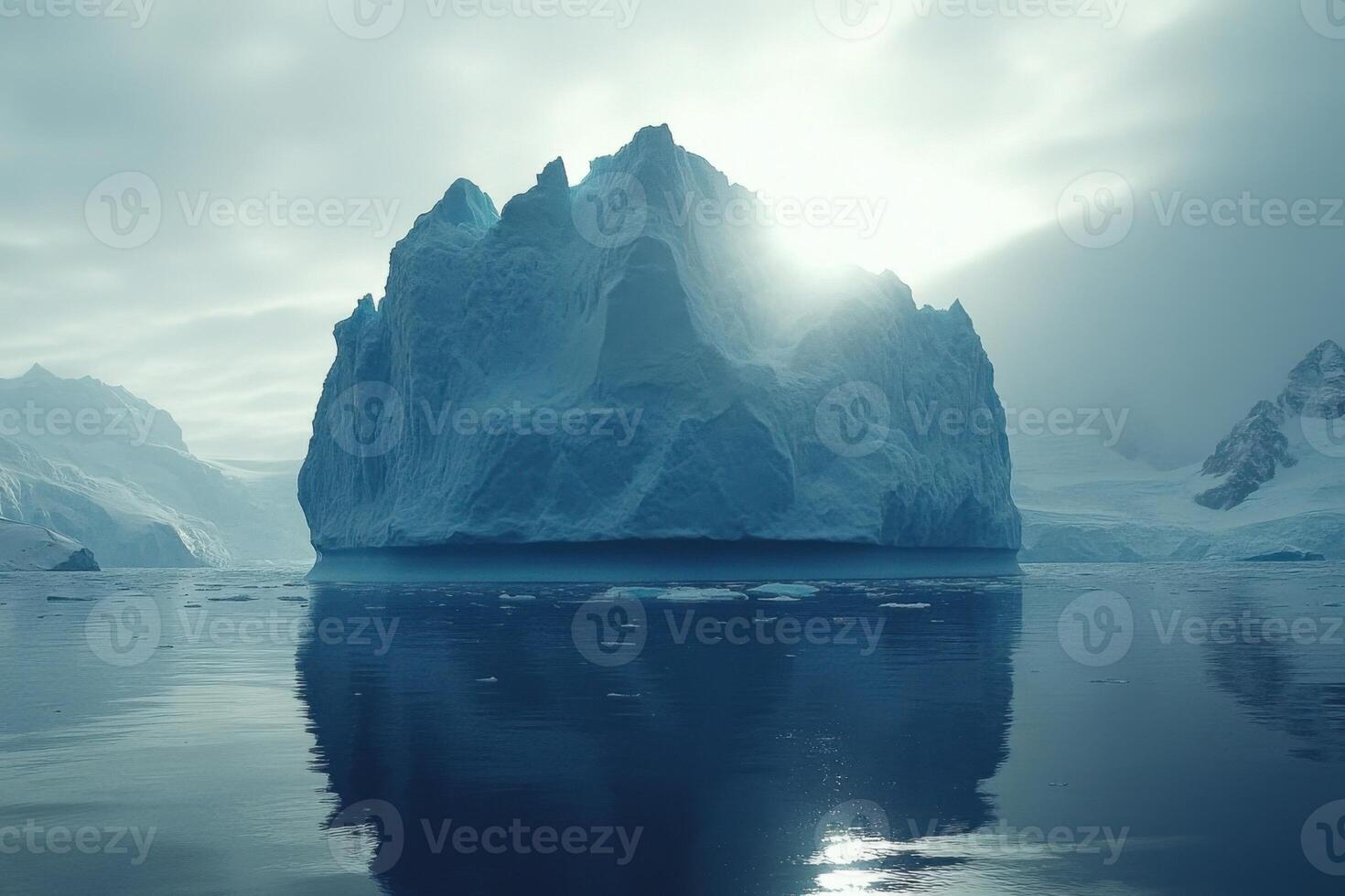Large blue iceberg floats in cold ocean water. Sunlight shines behind the ice formation. Distant snowy mountains in background. Reflections on dark water. photo