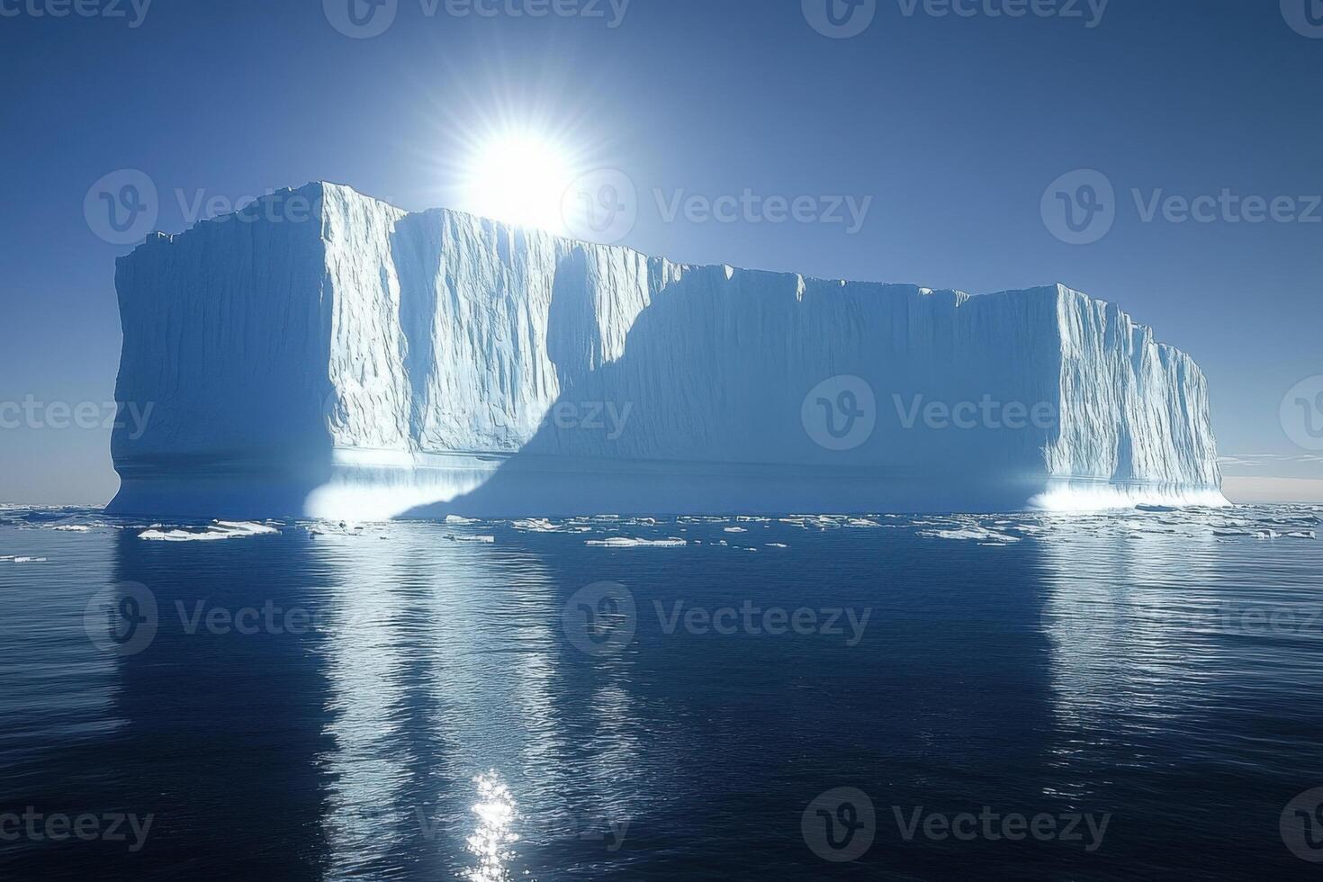 Large iceberg floats in cold ocean water under bright sunlight. Ice reflects on dark water surface against clear blue sky in remote place. photo