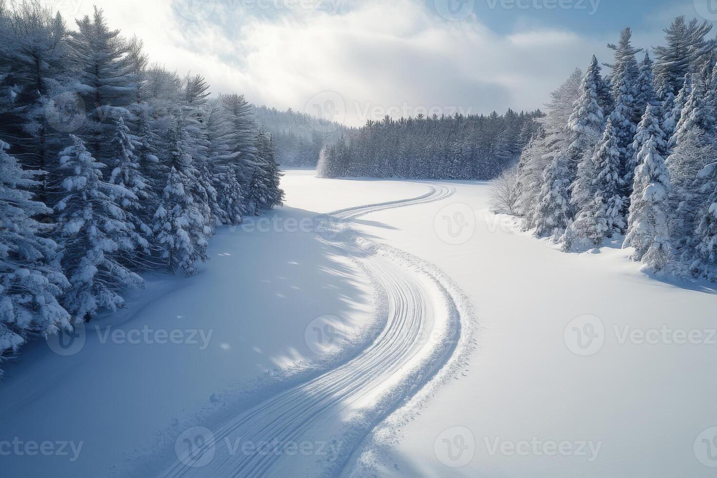 Snow covered forest with tracks. Winter landscape with trees and sunlight. Curve track in open snowy field near woods. photo